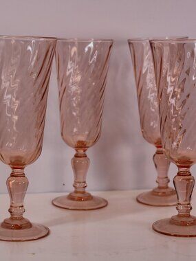 Vtg MCM FRENCH Luminarc Rosaline Pink Swirl Cristal D'Argues Champagne Flutes x4